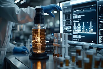 Scientist Holding Liquid Bottle in Laboratory