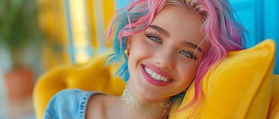 cheerful girl grinning, styled hair, eye-catching resin jewelry, and modern makeup.