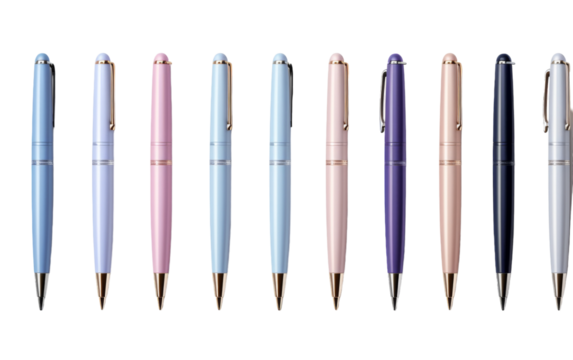 A vibrant group of different colored pens elegantly aligned side by side