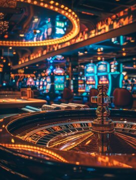 Casino roulette wheel and slot machines - The image perfectly captures the thrilling atmosphere of the casino with its roulette wheel and blurred slot machines