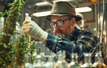 Images of a scientist extracting CBD oil from cannabis for use in a medical science facility. extraction of hemp oil Machine for Thin Film Distillation in Laboratory Plant Operations. - obrazy, fototapety, plakaty
