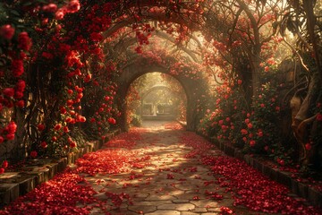 Enchanted rose-covered garden pathway