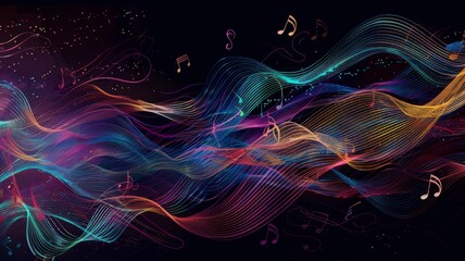 Dark abstract background with colorful wavy lines - This rich, dark abstract background features vibrant wavy lines and floating music notes, evoking a sense of energy and rhythm