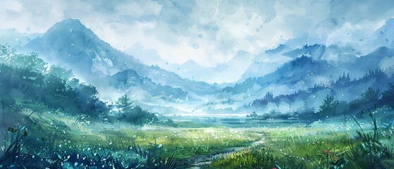 6K watercolor of countryside, cool tones on textured paper, detailed and soothing landscape - obrazy, fototapety, plakaty