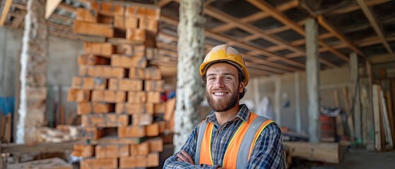 This portrait shows a happy bricklayer at a construction site. Content bricklayer donning a safety jacket and helmet.