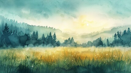 Watercolor countryside scene, textured paper, cool tone palette, 6K, tranquil and richly textured