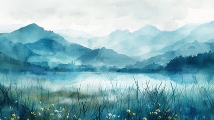 Watercolor countryside scene, textured paper, cool tone palette, 6K, tranquil and richly textured