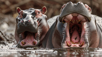 Hippo mother with open mouth and her adorable baby Hippo lounging in waters of sub Saharan Africa. wildlife concept, good for travel brochures, nature documentaries, animal conservation campaigns - obrazy, fototapety, plakaty