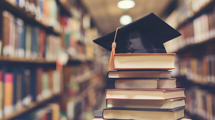 Graduation cap on stack of books in library, education and learning concept
