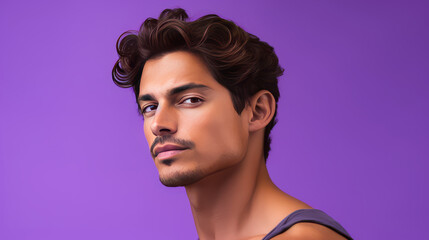 Portrait of an elegant sexy handsome serious Latino man with perfect skin, on a purple background. - obrazy, fototapety, plakaty