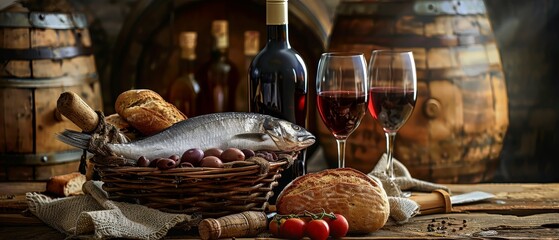 An old basket contains wines, breads, and fresh fish - obrazy, fototapety, plakaty