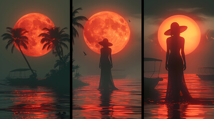 A serene scene depicting a lone woman's silhouette against an enormous moon in a tropical setting at dusk