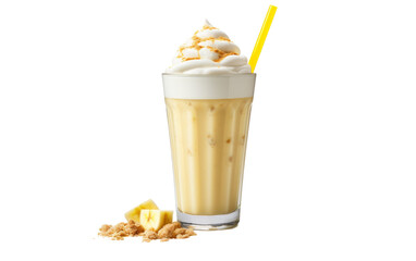 A tall glass filled with creamy ice cream, adorned with a vibrant yellow straw sticking out