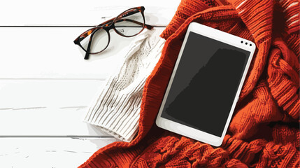 Modern tablet glasses smartphone and sweater on white