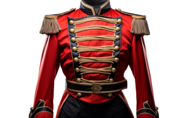 A striking red and black uniform adorned with luxurious gold trims