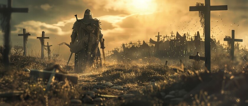 Knight standing against hill filled with crosses during the medieval period.