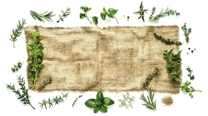 Natural burlap fabric jute and fresh herbs on table