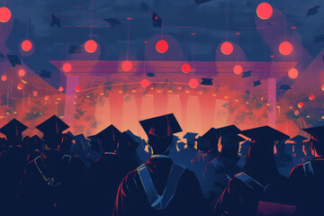 Silhouette of crowd graduate students with graduation caps. Graduation event, illustration - obrazy, fototapety, plakaty