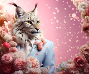 Creative animal concept. Lynx cat in smart suit, surrounded in a surreal garden full of blossom flowers floral landscape. advertisement commercial editorial banner card	
