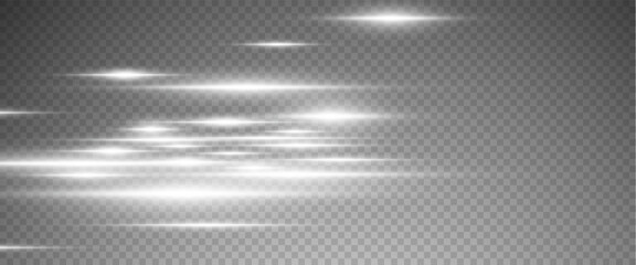 Set of realistic vector white stars png. Set of vector suns png. White flares with highlights. Horizontal light lines, laser, flash. White special effect, magic of moving fast motion laser beams.