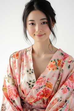 Close-up of a Pretty Young Japanese Woman in Floral Wrap Dress and Sandals, radiating springtime elegance with a serene smile photo on white isolated background