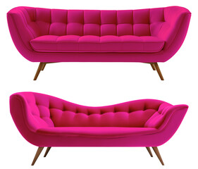 Front view midcentury modern pink sofa.  curved shape couch for playful and retro interior design of Modern living room, isolated transparent png cutout,  tufted backrests wooden legs upholstery - obrazy, fototapety, plakaty