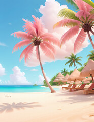 Beach With Pink Palm Trees. Pink Holidays. Vacation. Fresh Summer. Holidays. Imagination. 