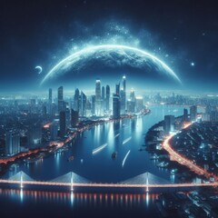 An urban skyline sparkles under the cosmic arc of a star-filled sky, reflecting a futuristic civilization. The city's lights shimmer along the waterfront, suggesting advanced harmony with the