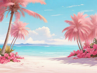 Fototapeta na wymiar Pink Beach With Palm Trees. Pink Vacation. Fresh Summer. Holidays. Imagination. 