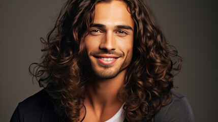 Portrait of an elegant sexy smiling Latino man with perfect skin and long hair, on a gray background.