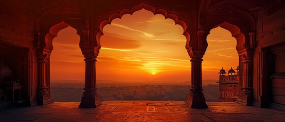 In the background is a dramatic sunset sky with an arch silhouette in an old temple. Free space for text can be added on the background.