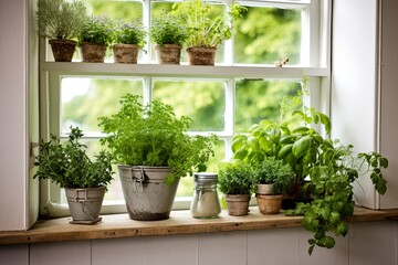 Herb Garden Heaven: Vintage Farmhouse Kitchen Ideas with Charming Windowsill Plants - obrazy, fototapety, plakaty