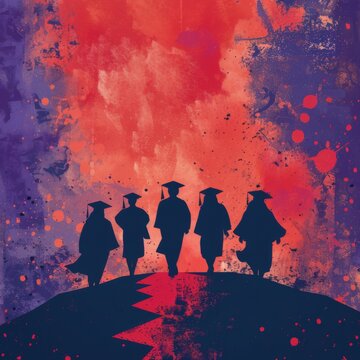 Silhouette of walking graduate students with graduation caps  on background of color splashes and blots. Graduation event, illustration