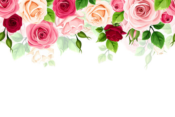 Floral horizontal seamless background with red, pink, and white rose flowers and green leaves. Vector horizontal seamless border - obrazy, fototapety, plakaty