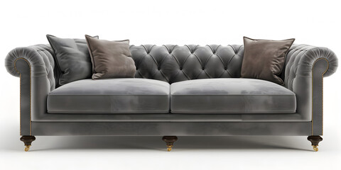 Grey scandinavian sofa.A close up of a couch with pillows on it in a room.