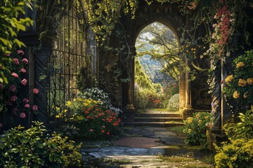 Sunlit gate with flower-draped columns and view