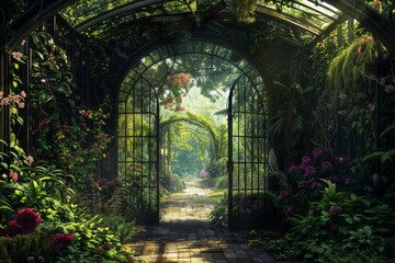 Sunlit garden pathway through ornate archway