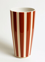 a tall vase with vertical stripes of red and cream, product photo on White backgrounds