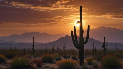 A vividly fading desert sunset, the sky ablaze with warm tones of orange, pink, and purple casting a hazy glow over the silhouetted cacti. The resilient plants stand tall against the backdrop . - obrazy, fototapety, plakaty