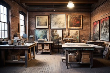 Printmaking Haven: Vintage Art Studio with Exposed Brick Walls, Industrial Vibes, and Print Racks - obrazy, fototapety, plakaty
