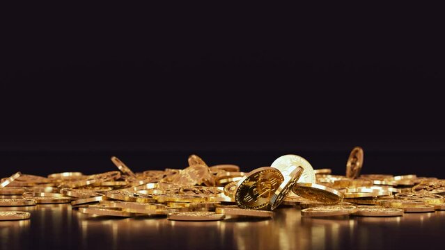 A bunch of golden bitcoin coins falling to the ground from above on a dark background in realistic slow motion 3D animation. Cryptocurrency, 2p2 exchange and blockchain concept