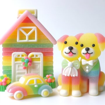a couple wedding dog in front of house and car made of pastel color rainbow gummy candy on a white background