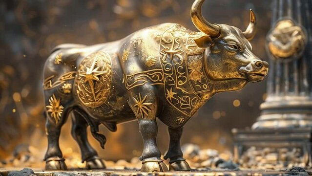 A gold bull statue with a clock on the side 4K motion