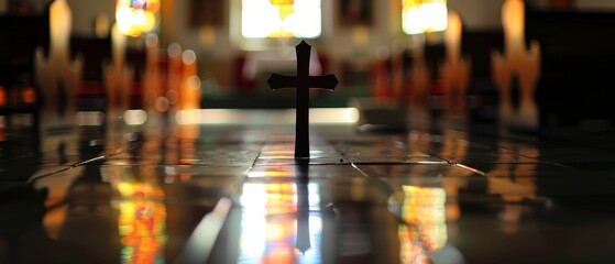 Abstract defocussed cross silhouette in church interior against stained glass window concept for prayer and religion