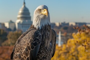 Fototapeta premium Close-up portrait of a bald eagle, symbol of the United States of America, against the backdrop of the Capitol in Washington DC
