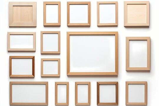 A collection of Scandinavian-inspired, wooden picture frames in varied sizes, arranged in a minimalist gallery style, isolated on white solid background