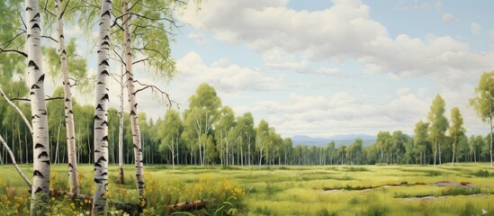 Serene artwork depicting a scenic view of a river meandering through a lush green field with tall trees and swaying grass