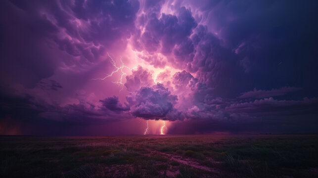 Weather Phenomena,  a dramatic thunderstorm with vivid lightning strikes illuminating a cumulonimbus cloud at twilight.
