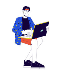 Korean young man typing laptop 2D linear cartoon character. Asian guy sitting with notebook isolated line vector person white background. Studying, working from home color flat spot illustration