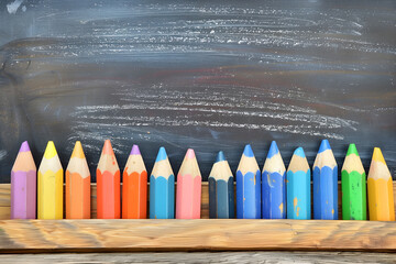 clean black chalkboard with row of colorful pencils at bottom - Powered by Adobe